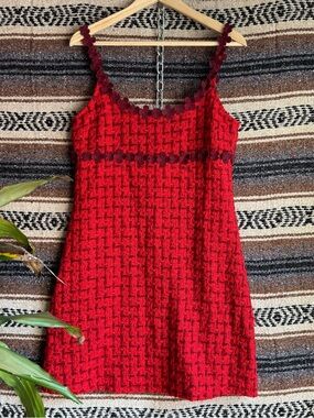 Fanm Mon Red Tweed Mini Dress Floral Applique Straps Size Medium Authentic Boho